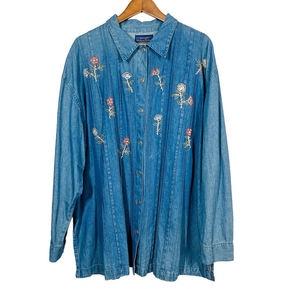 Vintage  Willow Ridge Chambray EMbroidered Top Long Sleeve Oversized - 2X
